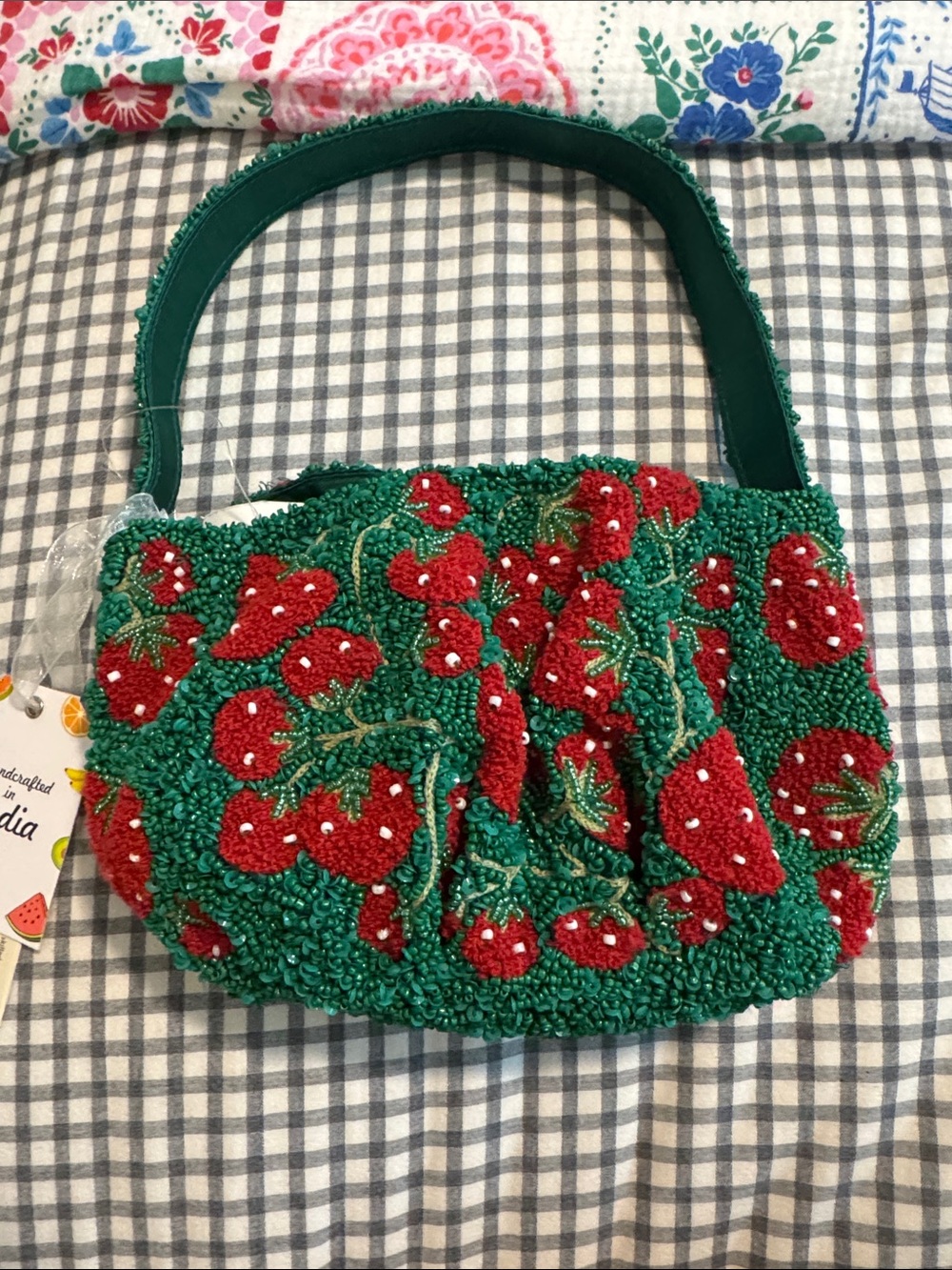 Beaded Strawberry Shoulder Bag in Green and Red